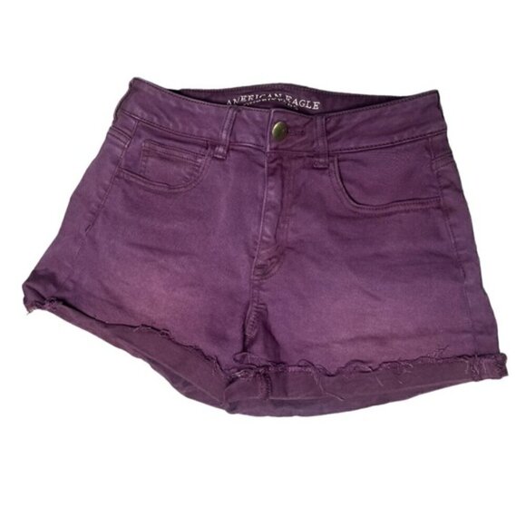 American Eagle 4 Hi-Rise Shortie Denim Stretch Shorts Burgundy Summer Boho Beach - Picture 2 of 5